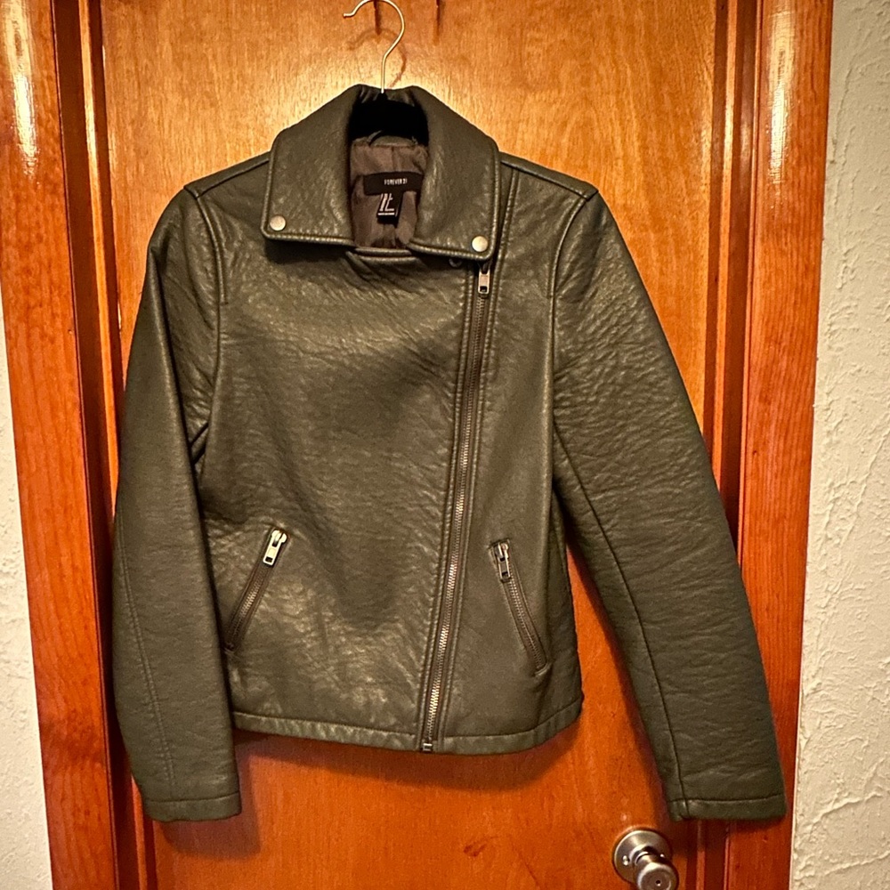 Olive Green Forever 21 Faux Leather Motorcycle Jacket